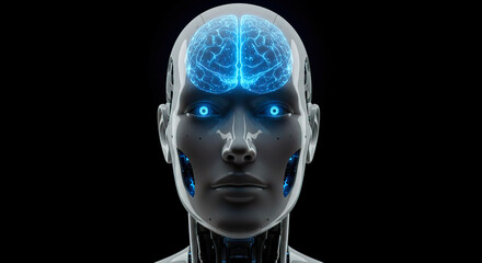 Front view of an android, with transparency head shows it brain glowing in blue light