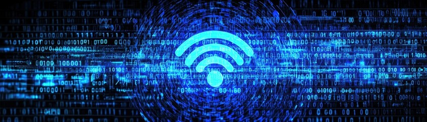 Poster - A digital representation of Wi-Fi symbol amidst a backdrop of binary code, symbolizing connectivity and technology.