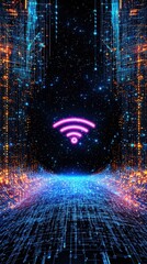 Fototapete - A digital landscape featuring vibrant lights and a prominent Wi-Fi symbol, representing connectivity in a futuristic universe.