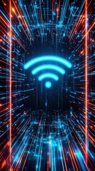 Fototapete - An abstract digital representation of a Wi-Fi symbol, surrounded by vibrant neon lights and data streams, illustrating connectivity and technology.