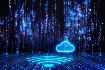 Poster - A digital scene featuring blue light effects, with a cloud and Wi-Fi symbol, representing cloud technology and connectivity.