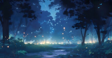 Aufkleber - 夜の森の風景 深い青色の木々と輝く光 幻想的な背景を持つ夜空