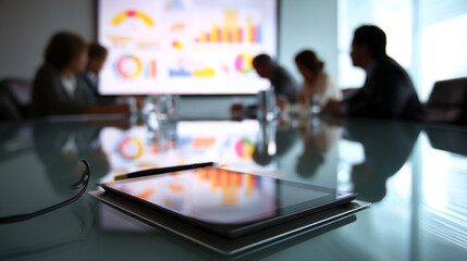 Poster - Tablet on glass table, blurred business meeting background, charts on screen, showcasing modern workplace, business concept