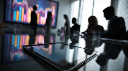 Poster - Tablet on glass table reflecting blurred business meeting with graph display, showcasing modern business concept and data analysis