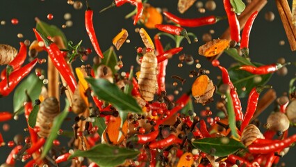 Poster - hot red pepper, garlic, different spices powder meat stakes flying on a black background motion free