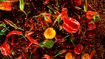 Poster - Freeze motion of flying chilli peppers on black background.
