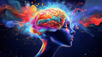 Poster - Colorful brain and woman's profile, creativity, imagination concept.