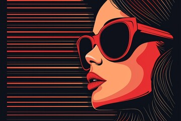Poster - Portrait of a woman wearing sunglasses set against a futuristic backdrop with neon red and blue lights