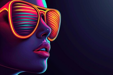 Poster - Image of a woman in futuristic sunglasses, bathed in neon red and blue lighting