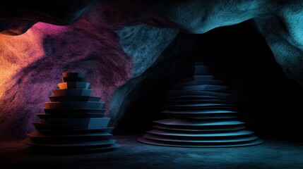 Canvas Print - Abstract geometric shapes in a vibrant neon cave