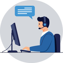 Poster - Customer support representative wearing headset working at computer in modern flat style vector illustration