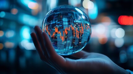 Poster - Hand holding a crystal ball displaying a stock market graph at night.