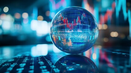 Poster - Crystal ball reflecting stock market graph data, showing market trends and financial analysis.