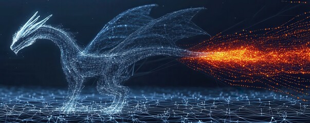 Poster - A futuristic, digital dragon emits fiery sparks, composed of glowing lines, set against a dark background, showcasing advanced technology.