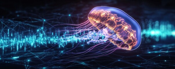 Fototapete - A vibrant, digitally rendered jellyfish glows against a dark background, interconnected with flowing lines and waves, suggesting a fusion of nature and technology.