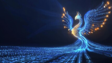 Poster - A vibrant digital representation of a phoenix made with flowing blue and orange light trails against a dark background.