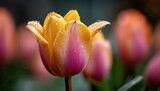Close-up tulip with dew drops, floral background. Gardening or floral designs