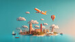 © Nenone - Aerial View of Futuristic Island City with Airplane and Cruise Ship in a Serene Ocean Landscape, city global earth illustration map europa globe