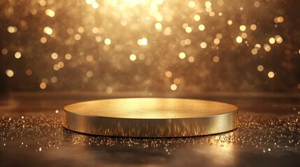 Wall Mural - golden round podium on glittery surface with bokeh lights.