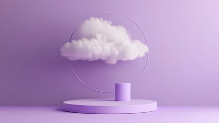 Wall Mural - abstract pastel purple scene with fluffy cloud, circle, and cylinder platform.