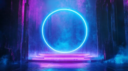 Poster - Glowing neon circle and platform in dark, smoky environment.