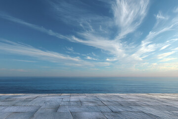 Poster - Stone pavement overlooking calm ocean under a blue sky with wispy clouds, showcasing a serene seascape ideal for travel or relaxation themes, free space for text