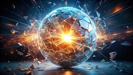 Fototapete - Shattered Sphere Emitting Light with Shards and Explosive Energy