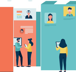 Poster - People interacting with digital profiles in flat minimalist style workspace vector illustration