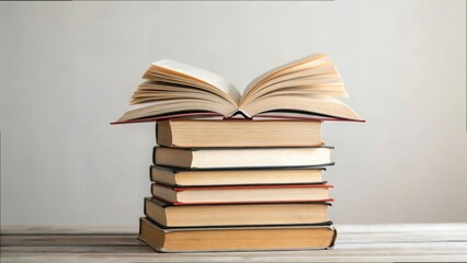 Poster - Open Book on Stack of Books Representing Knowledge and Ideas