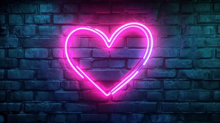 Poster - Glowing pink neon heart sign on a dark brick wall.