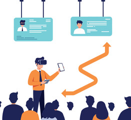 Poster - Businessman wearing virtual reality headset presenting data to audience with digital profiles flat vector illustration