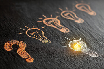 Poster - Chalk lightbulb drawings on dark surface, one glowing brightly, symbolizing idea generation and problem-solving, showcasing a path to successful innovation