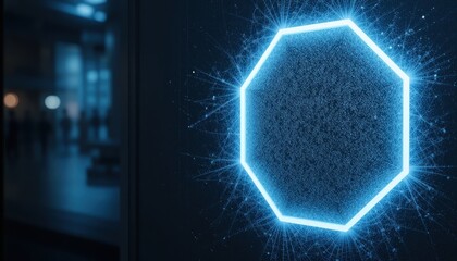 Poster - Illuminated octagonal shape display modern urban environment digital art installation abstract design close-up view futuristic concept for technology enthusiasts