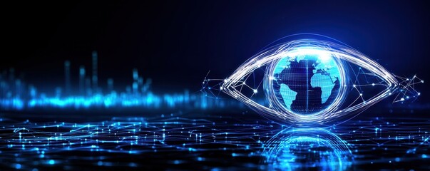 Poster - A digital representation of a global eye, symbolizing surveillance and technology, with a blue glow and interconnected lines around a globe.