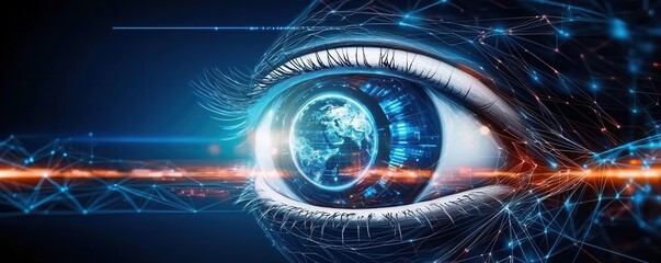 Fototapete - A futuristic eye design featuring a digital globe, symbolizing vision, technology, and a connected world.