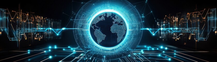 Poster - A futuristic digital representation of Earth, surrounded by glowing lines and circuits, symbolizing connectivity and technology.