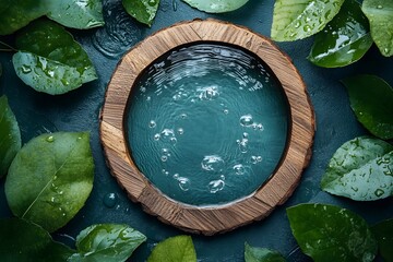 Poster - Tranquil Water Bowl Surrounded by Green Leaves and Raindrops
