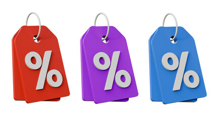 Poster - Set of 3d price tags on isolated background. Red, blue and purple tags with percent sign. Discount, sale. Promotion offer tag. Marking of products with reduced prices.