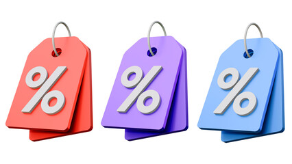 Poster - Set of 3d price tags on isolated background. Red, blue and purple tags with percent sign. Discount, sale. Promotion offer tag. Marking of products with reduced prices.