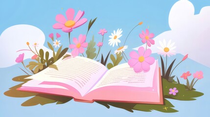 Aufkleber - ピンクの花と開いた本のイラスト 青空と緑豊かな草地の背景に 夏の自然をテーマにした明るい色彩の画像
