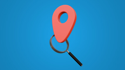 Fototapete - Search location icons on blue background. Location pin and magnifying glass symbols for place finding. Magnifying lass with pointer sign. Search concept.