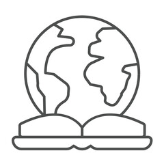 Poster - Book and planet earth thin line icon, eco tourism concept. Vector graphics. World globe with encyclopedia book sign on white background, linear style icon for mobile or web design.