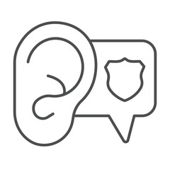 Poster - Human ear with police badge popup window thin line icon, law and order concept. Vector graphics. Police siren sound bubble sign on white background, linear style icon for mobile or web design.
