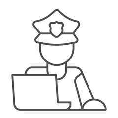 Fototapete - Police officer with hat and laptop thin line icon, law and order concept. Vector graphics. Policeman with computer database sign on white background, linear style icon for mobile or web design.
