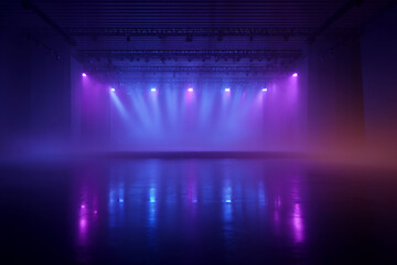 Aufkleber - Empty stage with purple and blue lighting, creating a dramatic and atmospheric scene, showcasing a blank space ideal for presentations or events