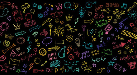 Poster - Hand drawn rock punk music star grunge heart doodle icon element set. Crayon brush stroke hand drawn line sketch style doodle rock punk star, heart shape. Crayon scribble music vector illustration