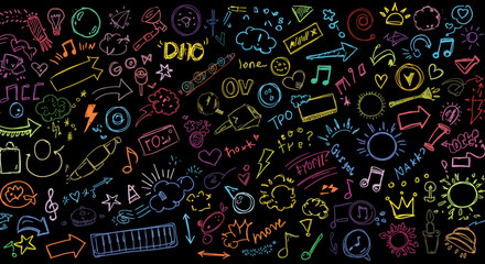 Poster - Hand drawn rock punk music star grunge heart doodle icon element set. Crayon brush stroke hand drawn line sketch style doodle rock punk star, heart shape. Crayon scribble music vector illustration