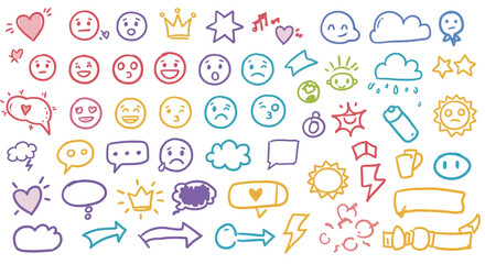 Poster - Smile brush hand drawn vector element set. Emoji fun face, heart, crown symbol crayon texture marker background kid sketch style hand drawn element. Scribble shape, smiley face. Vector illustration