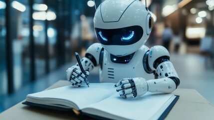Poster - A small white robot sits at a table writing in a notebook.