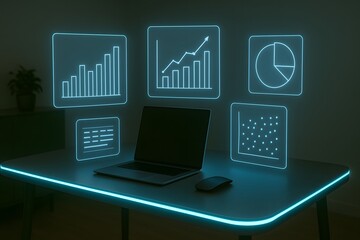 Aufkleber - Modern Workspace with Holographic Data Visualizations and Laptop